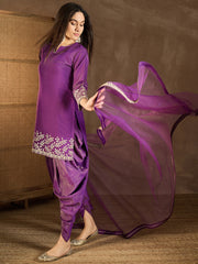 Floral Embroidered Notch Neck Sequinned Kurta With Dhoti Pants & Dupatta