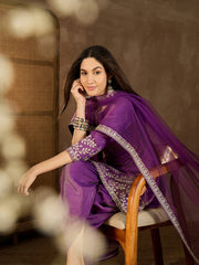 Floral Embroidered Notch Neck Sequinned Kurta With Dhoti Pants & Dupatta