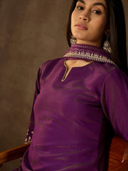 Floral Embroidered Notch Neck Sequinned Kurta With Dhoti Pants & Dupatta