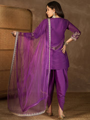 Floral Embroidered Notch Neck Sequinned Kurta With Dhoti Pants & Dupatta