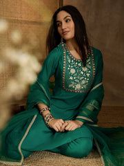 Floral Thread & Sequinned Yoke Round Neck Kurta & Trousers With Dupatta
