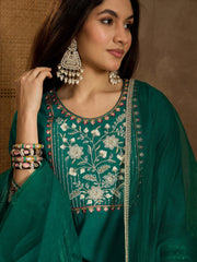 Floral Thread & Sequinned Yoke Round Neck Kurta & Trousers With Dupatta