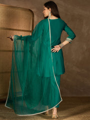 Floral Thread & Sequinned Yoke Round Neck Kurta & Trousers With Dupatta