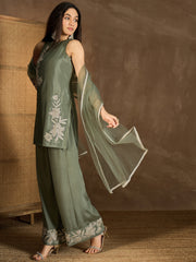 Floral Embroidered Round Neck Sequinned Straight Kurta With Palazzos & Dupatta