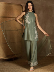 Floral Embroidered Round Neck Sequinned Straight Kurta With Palazzos & Dupatta