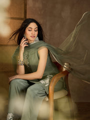 Floral Embroidered Round Neck Sequinned Straight Kurta With Palazzos & Dupatta