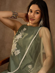 Floral Embroidered Round Neck Sequinned Straight Kurta With Palazzos & Dupatta