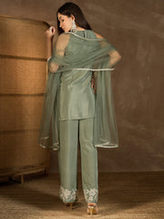 Floral Embroidered Round Neck Sequinned Straight Kurta With Palazzos & Dupatta