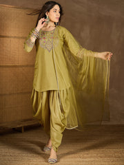 Women Floral Yoke Design Regular Sequinned Kurta with Dhoti Pants & With Dupatta