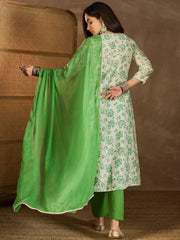 Floral Printed Panelled Chikankari Kurta With Trousers & Dupatta