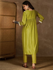 Floral Embroidered V Neck Thread Work Pleated Kurta With Trousers