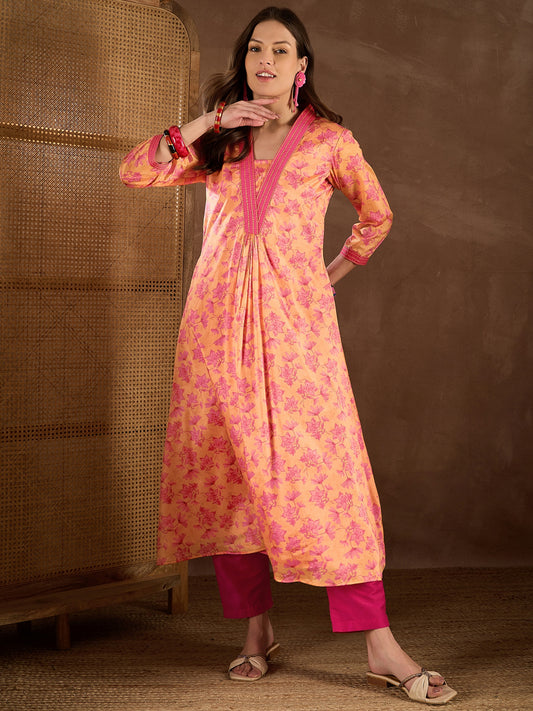 Women Floral Printed Pleated Thread Work Kurta with Trousers