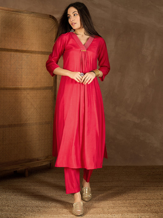 Floral Yoke Design Pleated V-Neck Tunic With Trousers