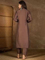 Floral Embroidered Thread Work Mandarin Collar Kurta with Trousers