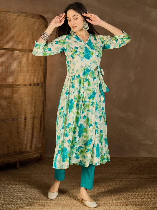 Women Floral Printed Angrakha Mirror Work Kurta with Trousers