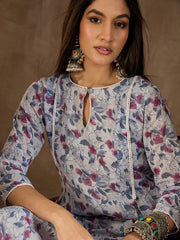 Women Floral Printed Keyhole Neck Gotta Patti Floral Kurta