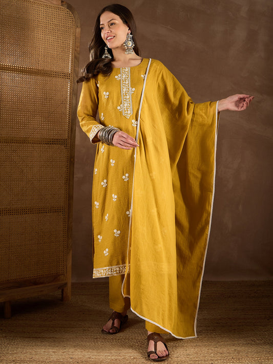 Floral Embroidered Thread Work Straight Kurta With Trousers & Dupatta