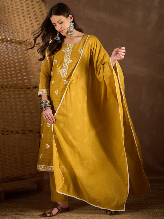 Floral Embroidered Thread Work Straight Kurta With Trousers & Dupatta