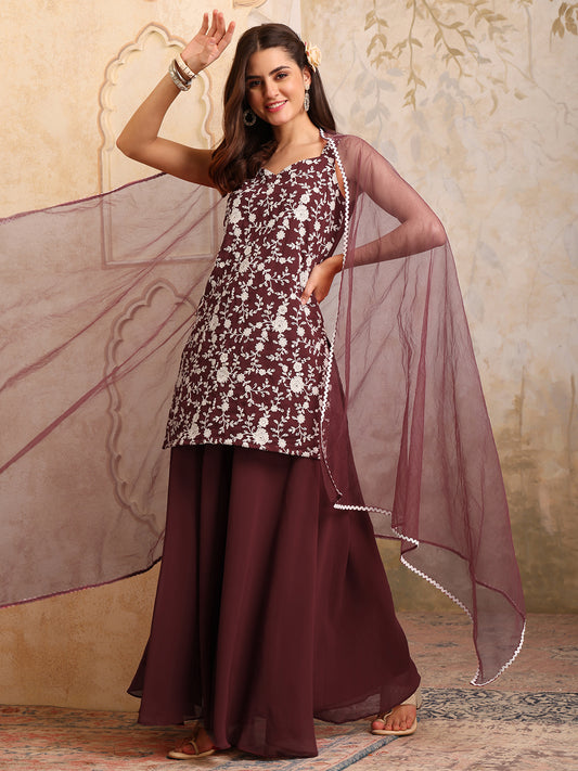 Floral Thread & Sequinned Embroidered Kurta & Palazzos With Dupatta