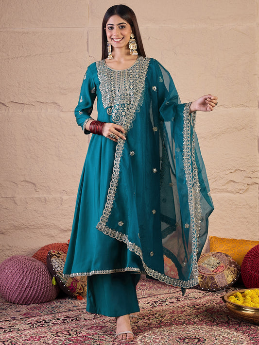 Women Ethnic Motifs Embroidered Panelled Thread Work Kurta with Palazzos & With Dupatta