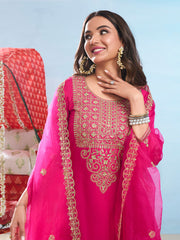 Floral Embroidered Round Neck Sequinned Anarkali Kurta With Palazzos & Dupatta