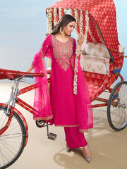 Floral Embroidered Round Neck Sequinned Anarkali Kurta With Palazzos & Dupatta