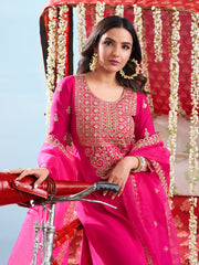 Floral Embroidered Round Neck Sequinned Anarkali Kurta With Palazzos & Dupatta