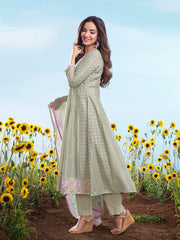Floral Embroidered Round Neck Chikankari Anarkali Kurta & Trousers With Dupatta