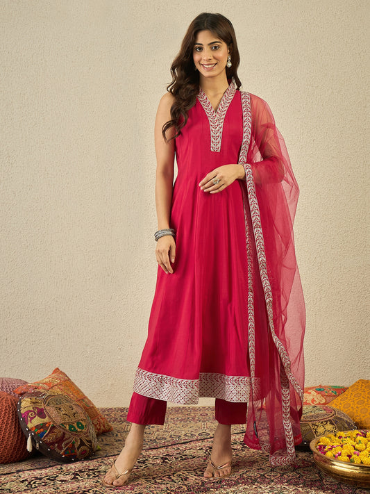 Women Floral Zari and Sequinned Embroidered Anarkali Kurta Set with Dupatta