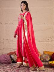 Floral Embroidered Zari Georgette Anarkali Kurta With Palazzos & Dupatta