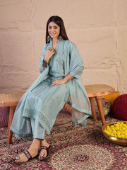 Embroidered Chikankari Straight Kurta With Trousers And Dupatta