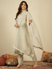 Ethnic Motifs Embroidered Mandarin Collar Chikankari Kurta With Trousers & Dupatta