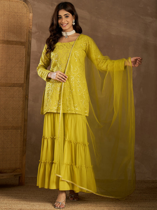 Women Floral Embroidered Kurta with Sharara & Dupatta