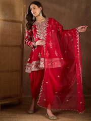 Floral Embroidered Notch Neck Zari Anarkali Kurta With Dhoti Pants & Dupatta