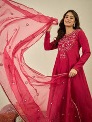 Women Floral Yoke Design Anarkali Kurta with Trousers & Dupatta