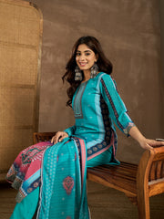 Ethnic Motifs Printed Round Neck Georgette Straight Kurta With Trousers & Dupatta