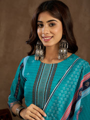 Ethnic Motifs Printed Round Neck Georgette Straight Kurta With Trousers & Dupatta