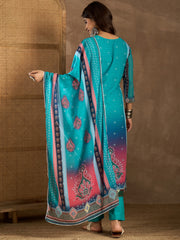 Ethnic Motifs Printed Round Neck Georgette Straight Kurta With Trousers & Dupatta