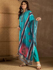 Ethnic Motifs Printed Round Neck Georgette Straight Kurta With Trousers & Dupatta