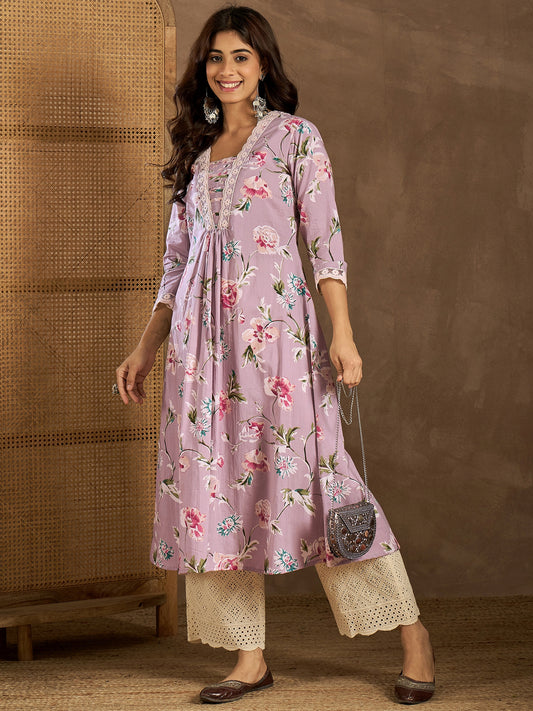 Women Floral Printed Thread Work Floral Kurta