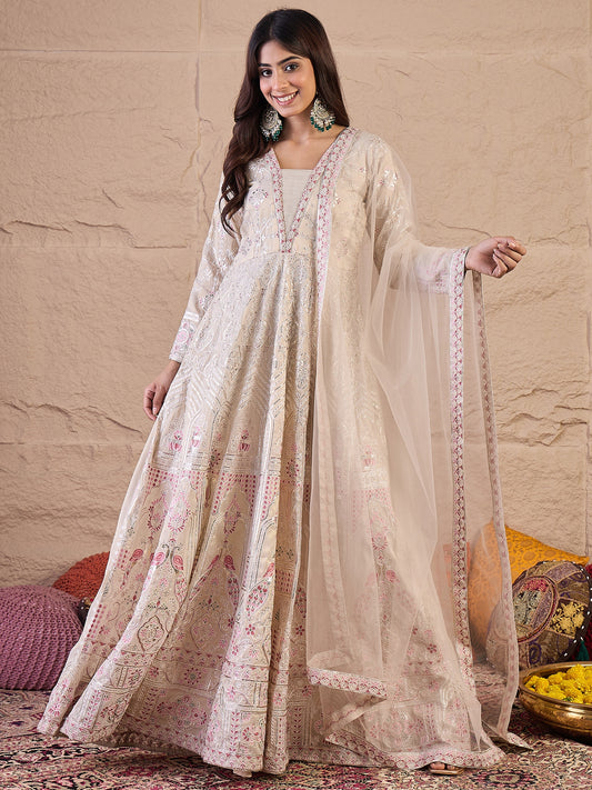 Floral Embroidered Sequinned Silk Ethnic Dress With Dupatta
