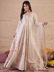 Floral Embroidered Sequinned Silk Ethnic Dress With Dupatta