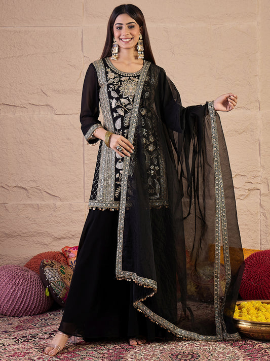 Women Embroidered Kurta with Sharara & Dupatta