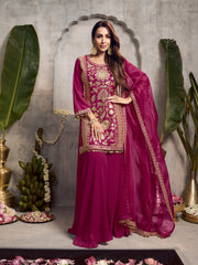 Malaika Arora Floral Embroidered Sequinned Kurta With Palazzos & Dupatta
