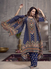 Ethnic Motifs Printed Beads and Stones Silk Crepe Kurta With Palazzos & Dupatta