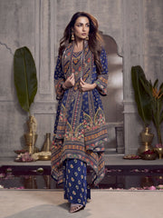 Ethnic Motifs Printed Beads and Stones Silk Crepe Kurta With Palazzos & Dupatta