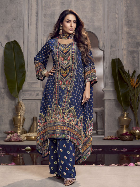Ethnic Motifs Printed Beads and Stones Silk Crepe Kurta With Palazzos & Dupatta