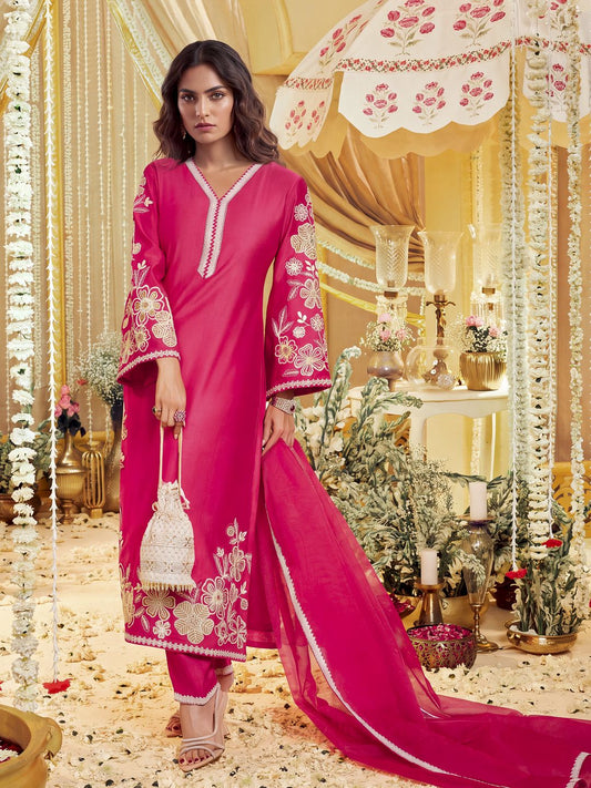Women Floral Embroidered Thread Work Kurta With Trousers & Dupatta