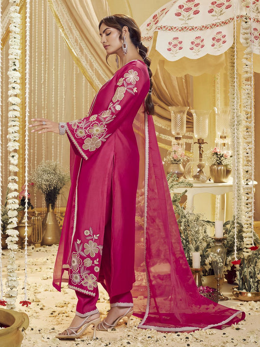Women Floral Embroidered Thread Work Kurta With Trousers & Dupatta