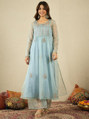 Floral Embroidered Pleated Zari A-Line Kurta with Palazzos & With Dupatta